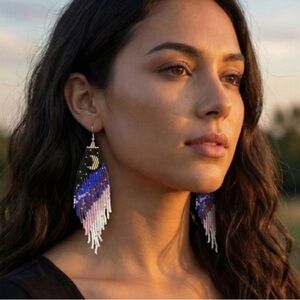 Night Sky Beaded Fringe Earrings - 5.7" Long Celestial Boho Dangles